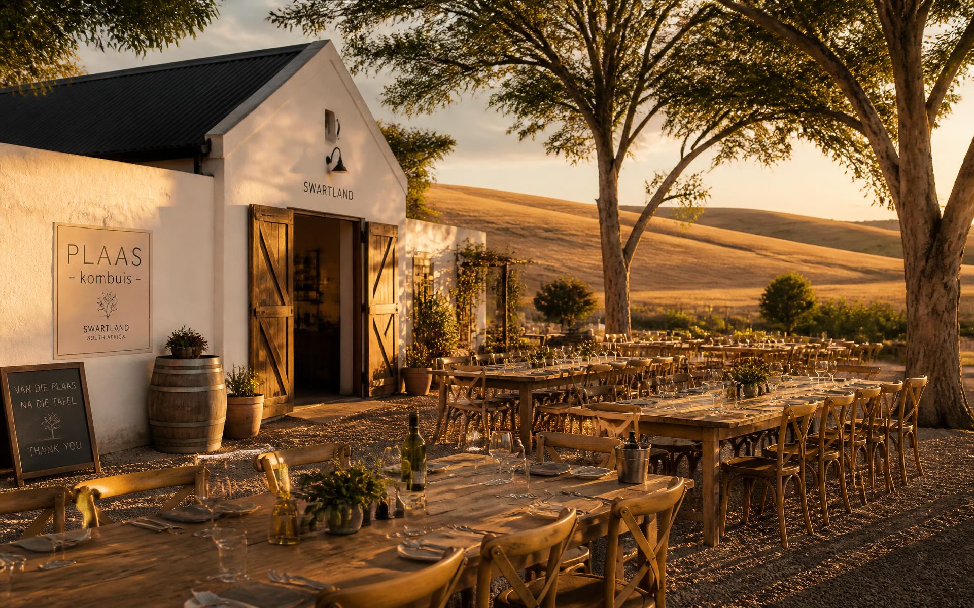 Long tables set out at Nuweplaas with the Swartland countryside behind