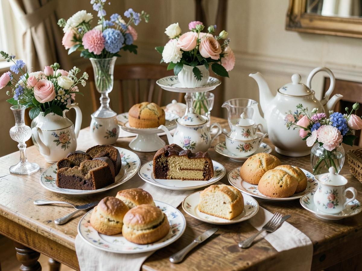 High tea spread with cakes and scones